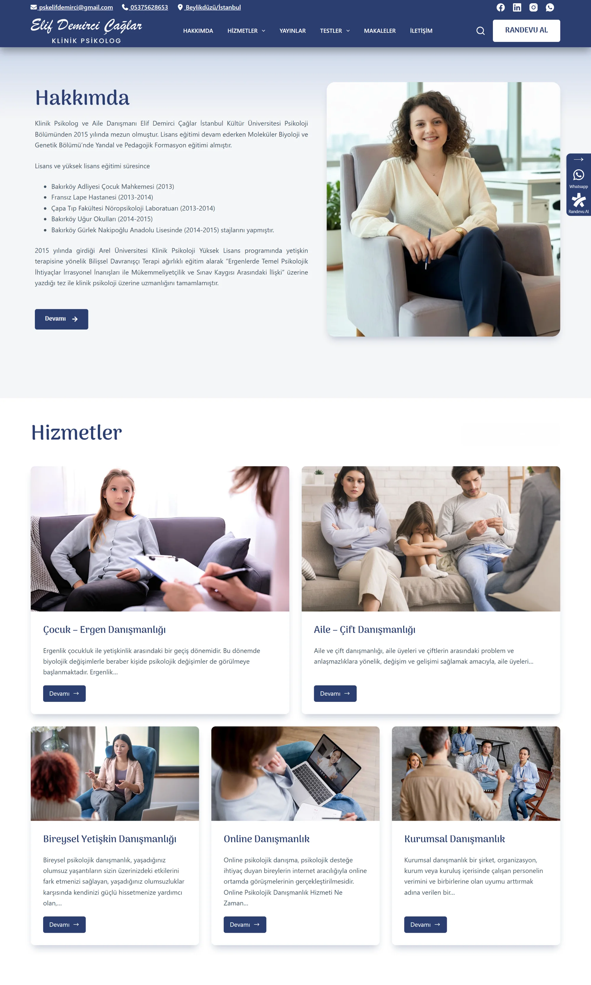 Klinik Psikolog Elif Demirci web sitesi, tam sayfa