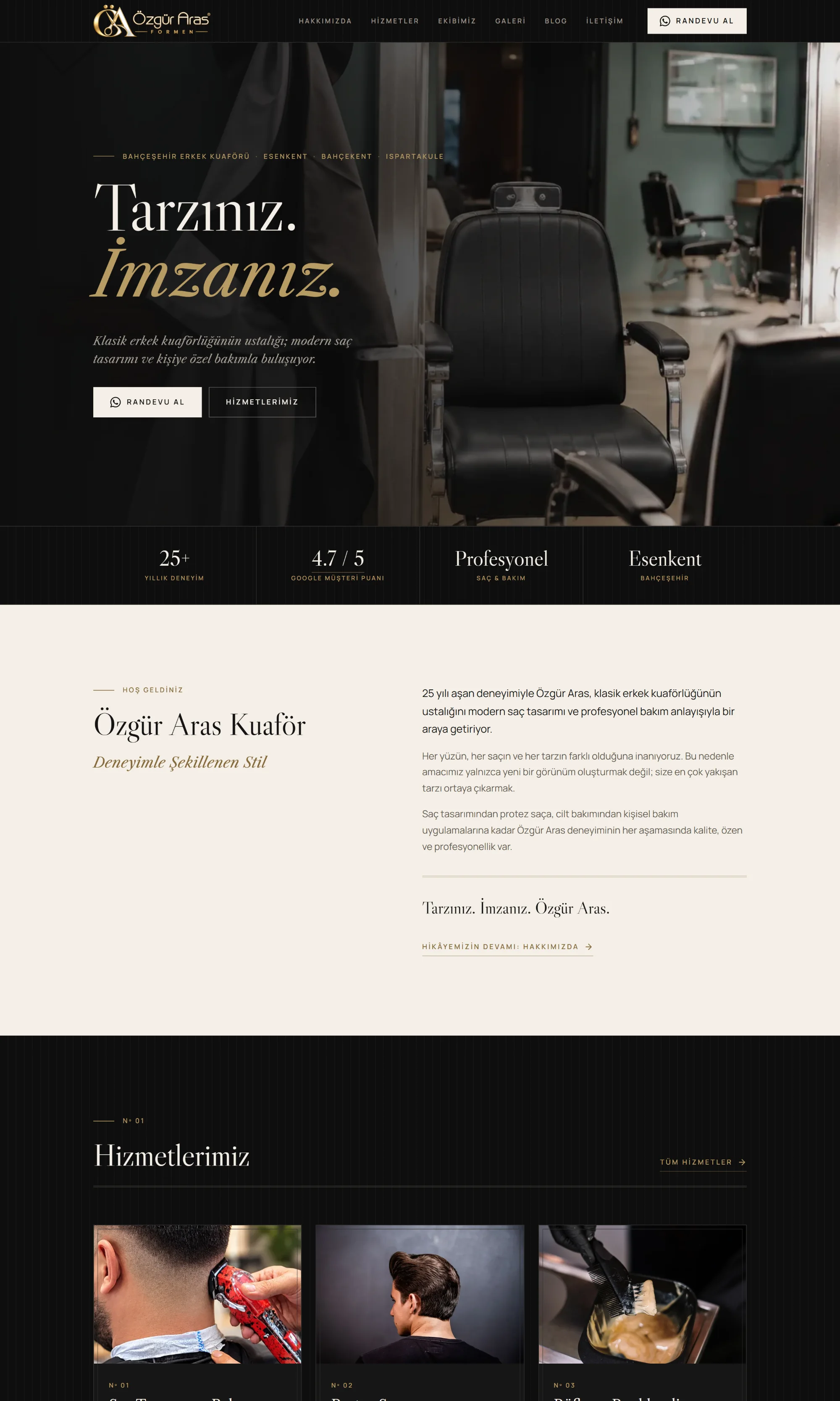 Özgür Aras Kuaför web sitesi, tam sayfa